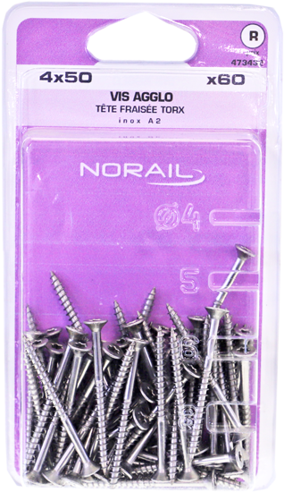 Vis agglo TX Tête fraisée Inox A2 4x50 Blister de 60