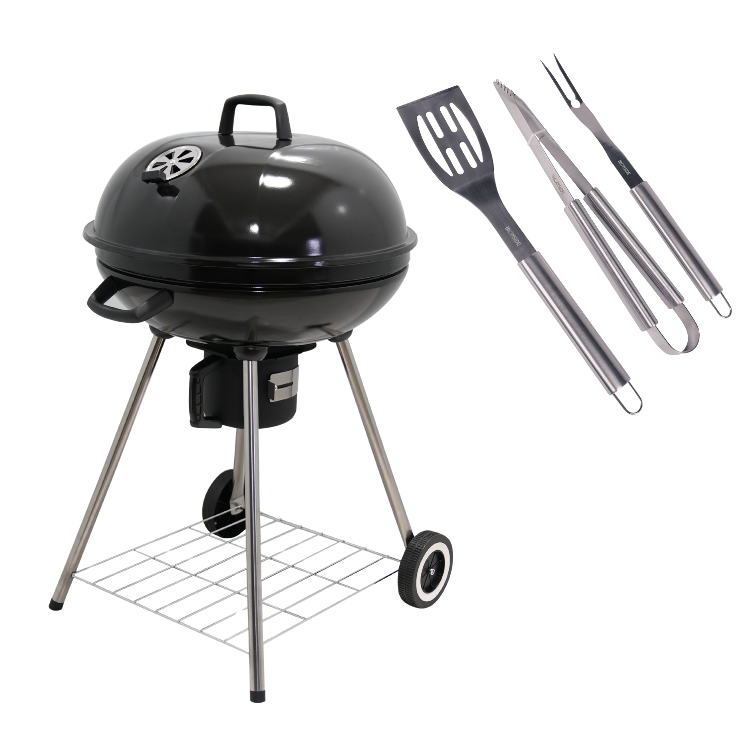 Barbecue au charbon de bois avec couvercle Ø56CM + set d'ustensiles - Ironside