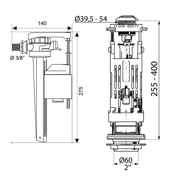 Mécanisme double wc etrier+robinet lateral - Wirquin