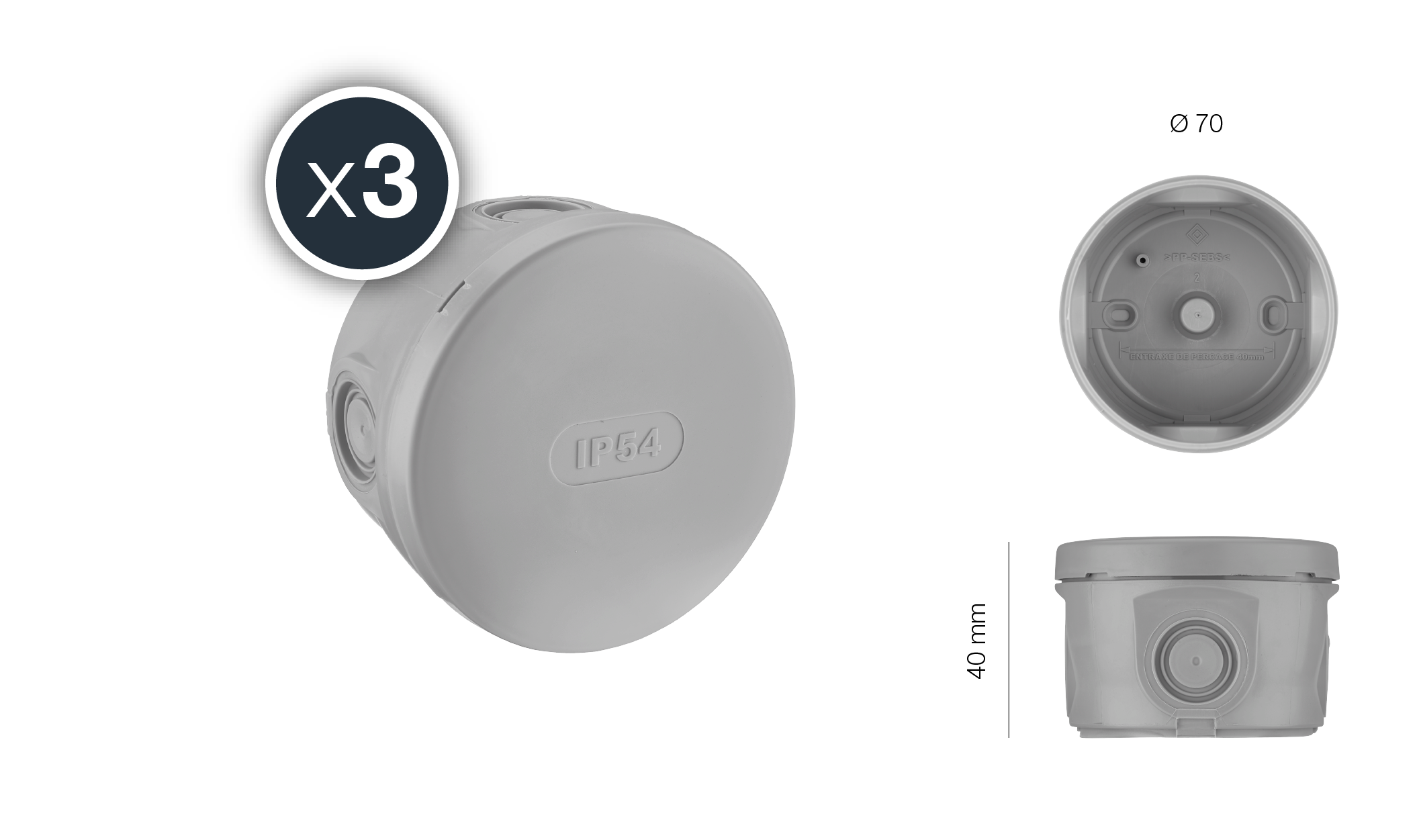 Lot de 3 boîtes de dérivation étanche - IP54 Ø70/P40- Gris