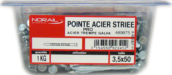 Pointe béton striée Acier trempé / zingué brillant 3,5x50 Barquette de 1kg
