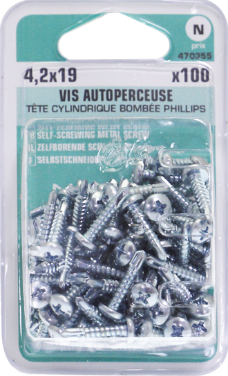 Vis autoperceuse PHILLIPS N°2 Tête cylindrique bombée Acier zingué 4,2x19 Blister de 100