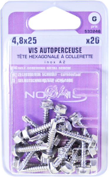 Vis autoperceuse Tête héxagonale Inox A2 4,8x25 Blister de 20