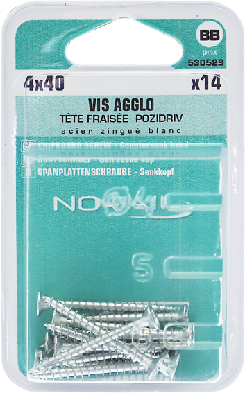 Vis agglo Pozidriv Tête fraisée Acier zingué blanc 4x40 Blister de 14