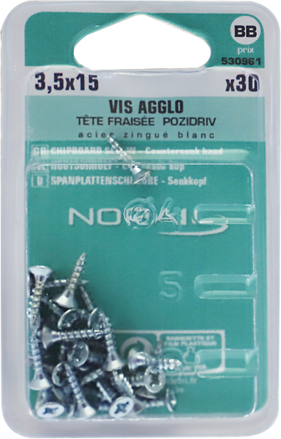 Vis agglo Pozidriv Tête fraisée Acier zingué blanc 3,5x15 Blister de 30