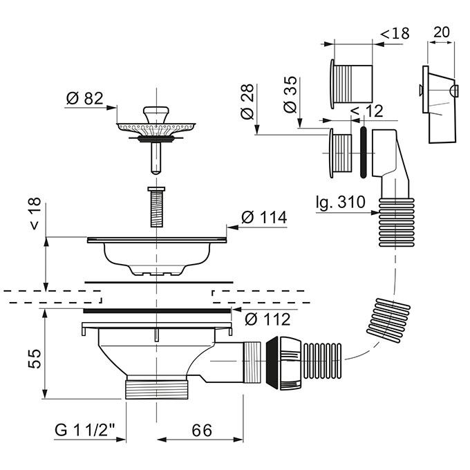 Bonde évier Ø 90 mm - panier inox avec trop-plein