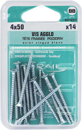 Vis agglo Pozidriv Tête fraisée Acier zingué blanc 4x50 Blister de 14