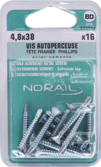 Vis autoperceuse PHILLIPS N°2 Tête fraisée Acier zingué 4,8x38 Blister de 16