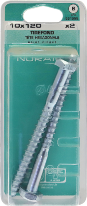 Tirefond Tête héxagonale Acier zingué 10x120 Blister de 2