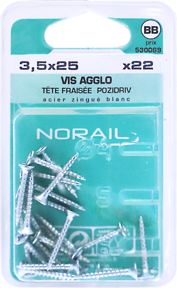 Vis agglo Pozidriv Tête fraisée Acier zingué blanc 3,5x25 Blister de 22