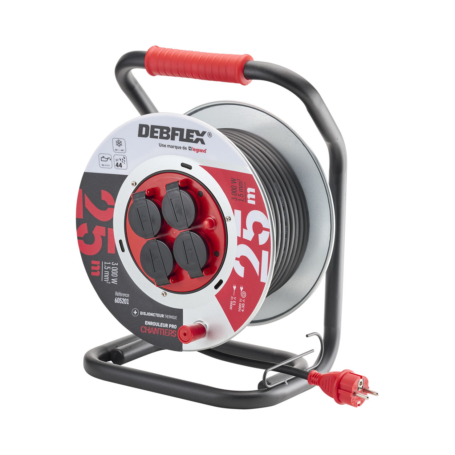 Enrouleur Métal HO7RN-F - 3G1,5mm² - 4 prises étanches IP44 - Longueur 25 mètres