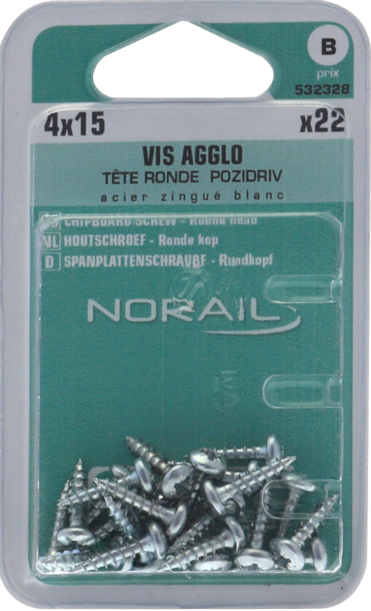 Vis agglo Pozidriv Tête ronde Acier zingué blanc 4x15 Blister de 22