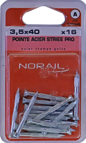 Pointe béton striée Acier trempé / zingué brillant 3,5x40 Blister de 16