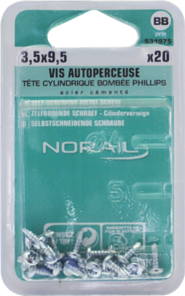 Vis autoperceuse PHILLIPS N°2 Tête cylindrique bombée Acier zingué 3,5x9,5 Blister de 20