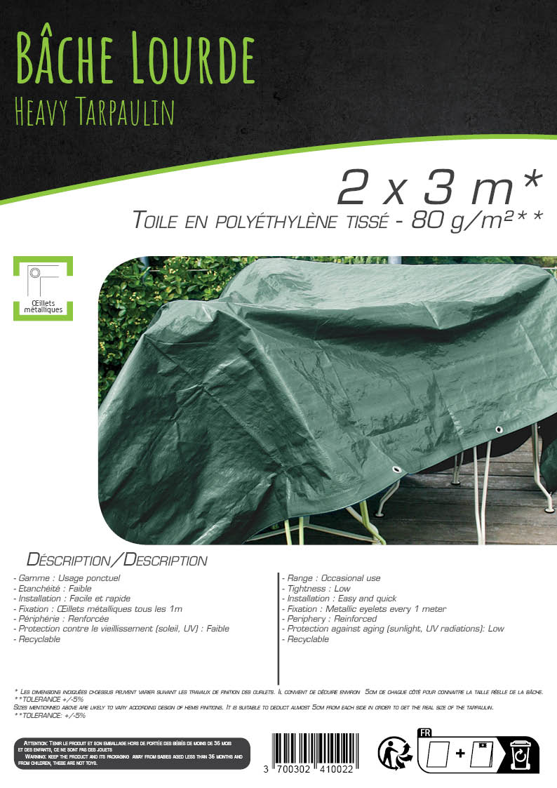 KOTARBAU® Bâche en Tissu - 2 x 3 m Vert 120 g/m² avec œillets