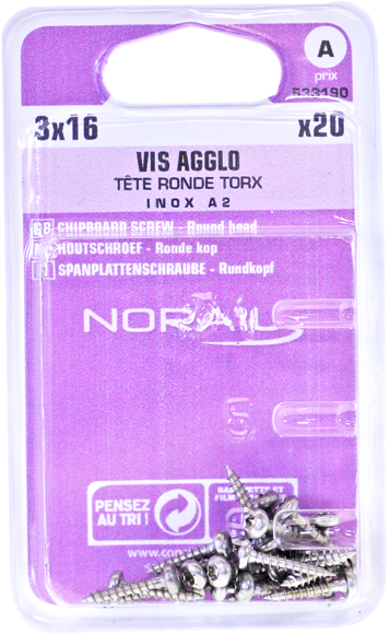 Vis agglo TX Tête ronde Inox A2 3x16 Blister de 20