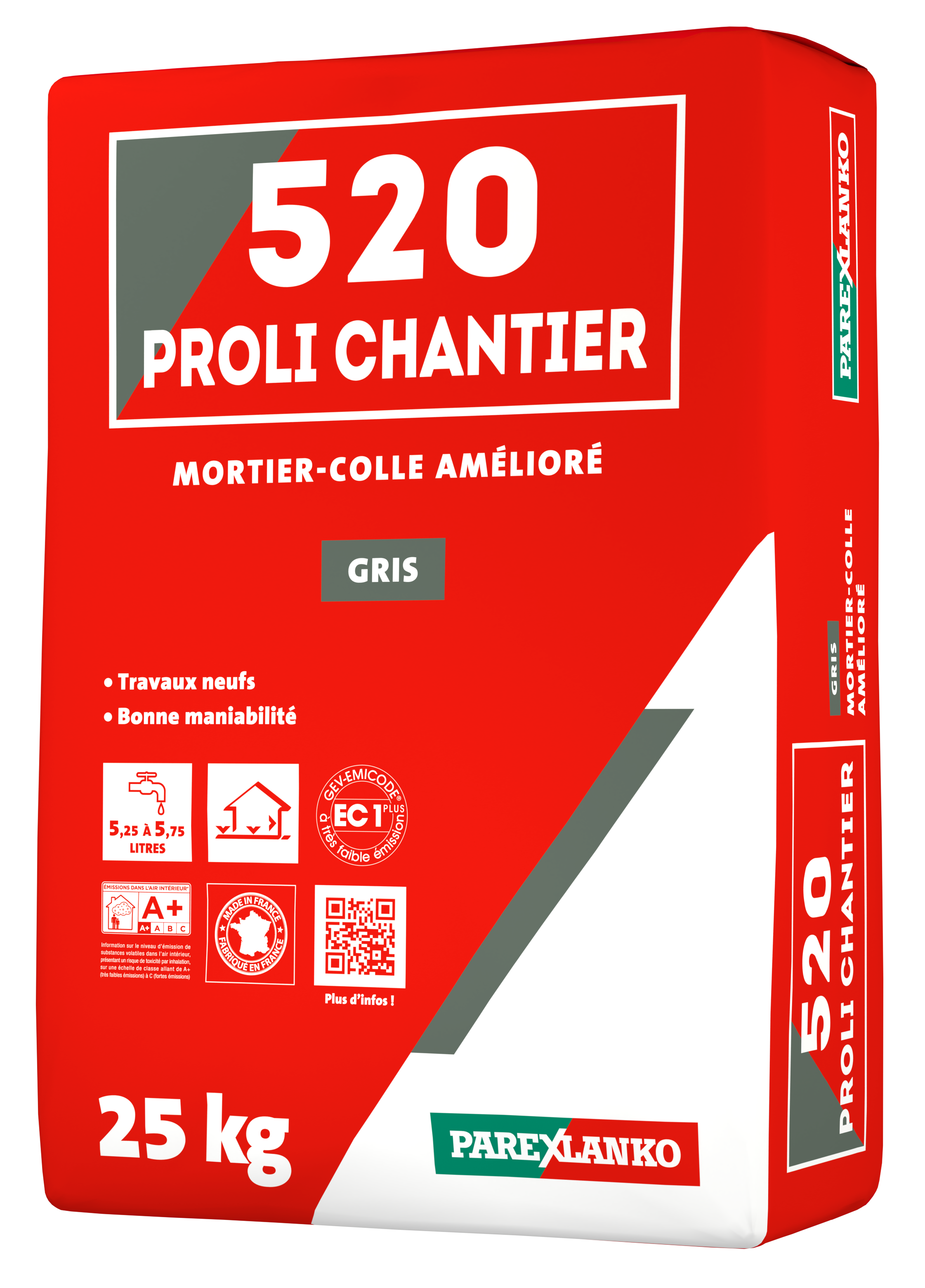 Mortier-colle carrelage amélioré C2 PROLI CHANTIER 520 - Gris - Sac de 25kg