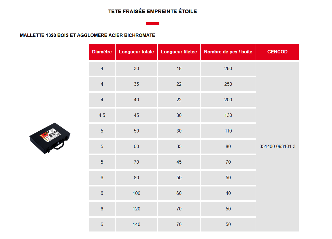 Malette 1320 Vis ROCKET TX tête fraisée acier bichromaté