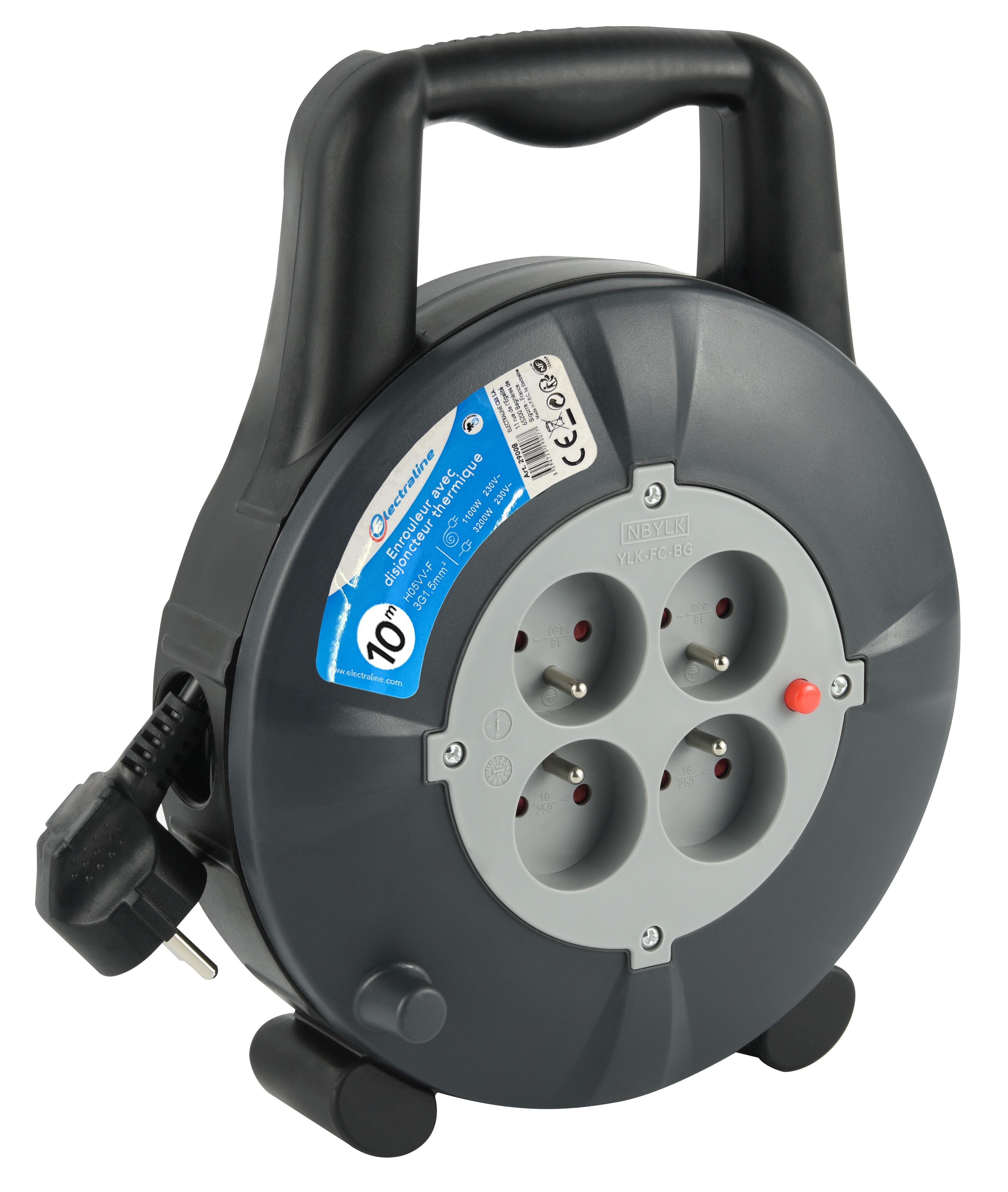 Enrouleur ménager H05VF 3G1,5 mm² – 10 m – 4 prises – Gris/Noir
