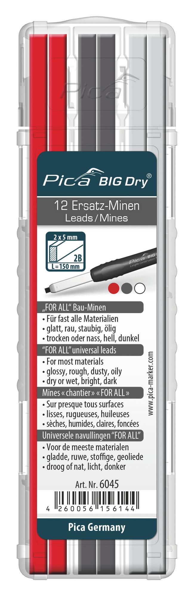 Mines crayon big dry – x 4 rouges + 4 graphites + 4 blanches - Pica