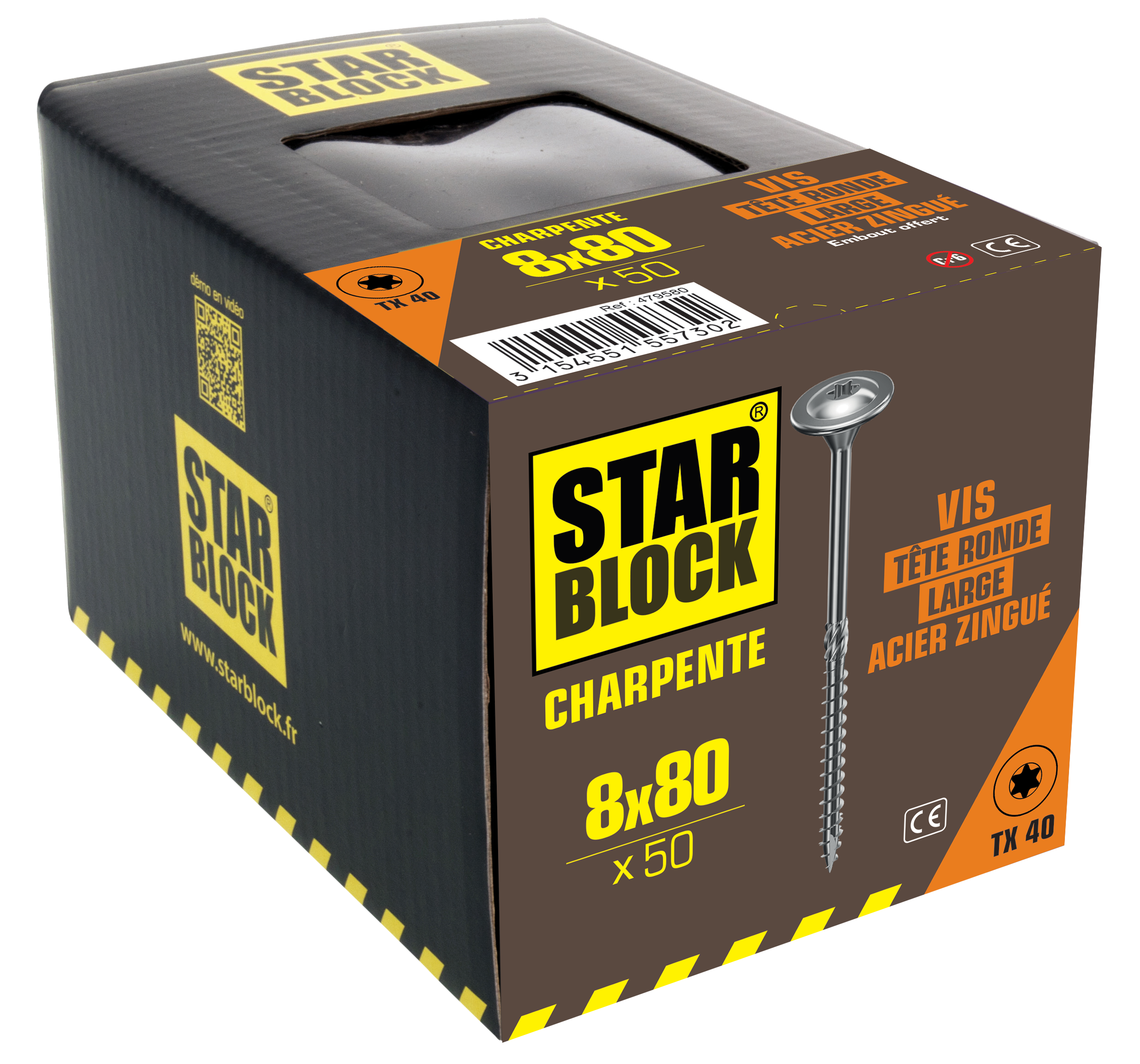 Vis charpente STARBLOCK TX Tête ronde large Acier zingué blanc 8x80 Boite de 50