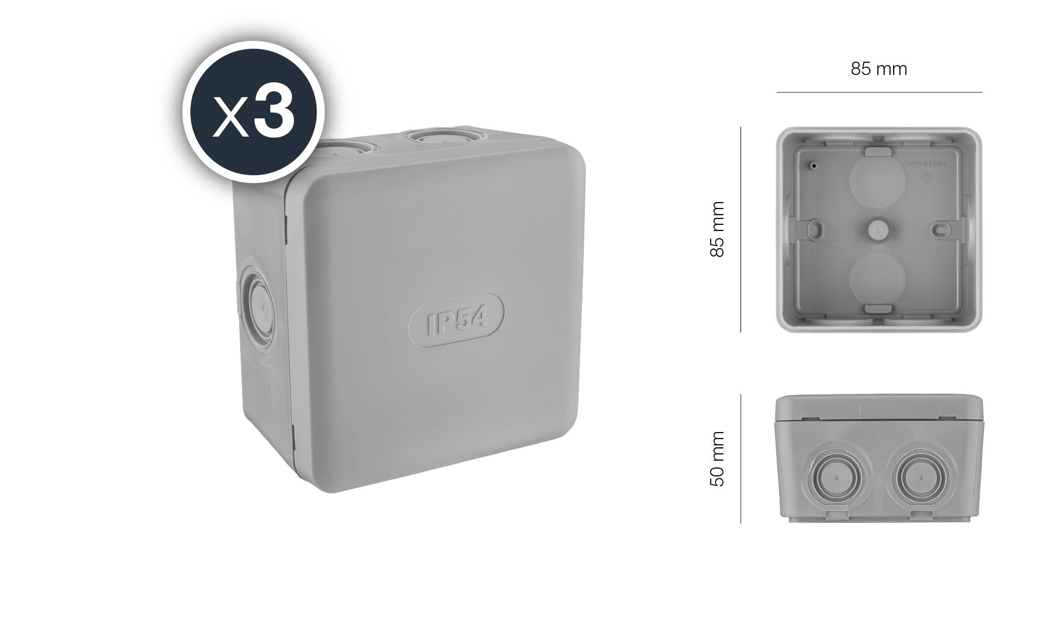 Lot de 3 boîtes de dérivation étanche - IP54 85x85/P50- Gris