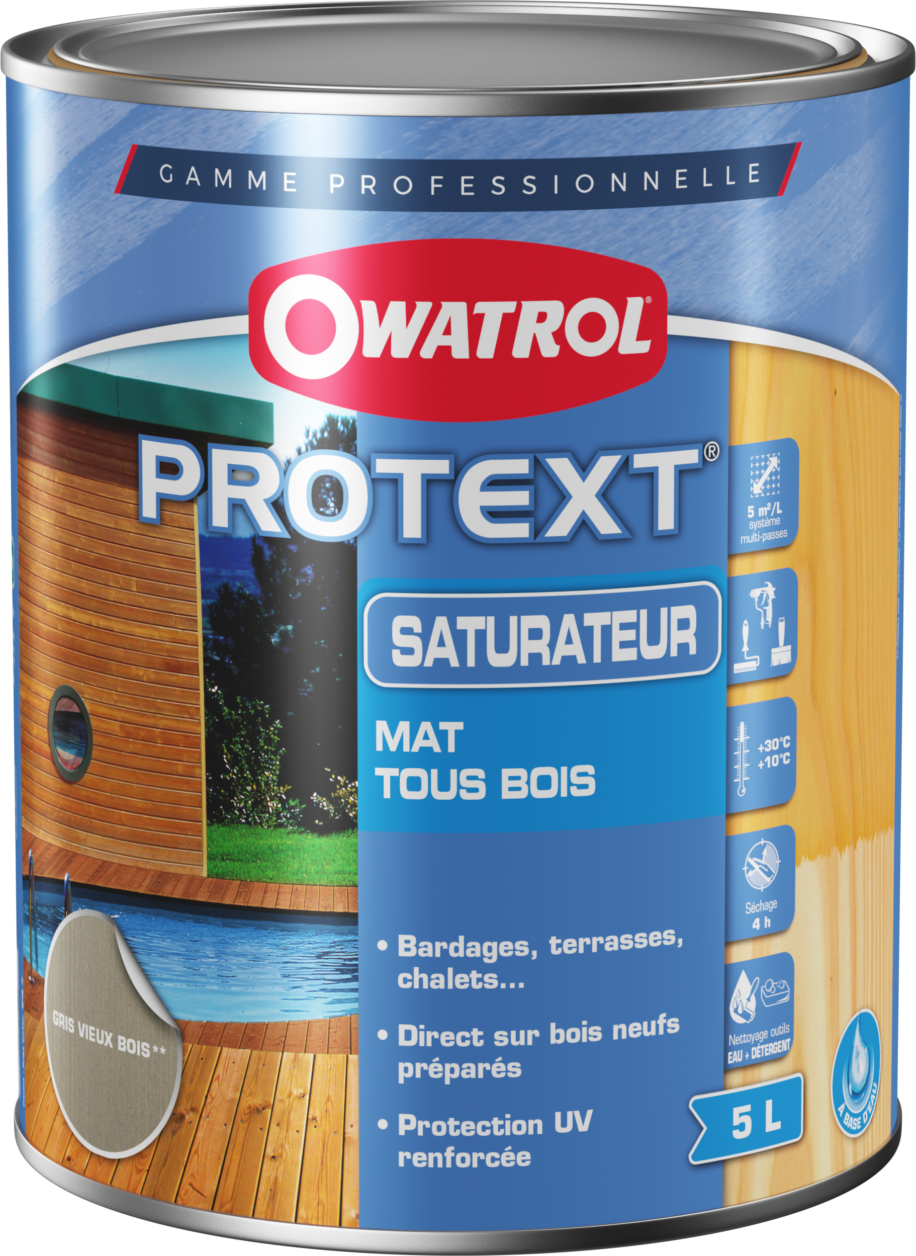 Saturateur Bois Mat à l'eau PROTEXT OWATROL PRO - Gris Vieux Bois - Pot de 5L