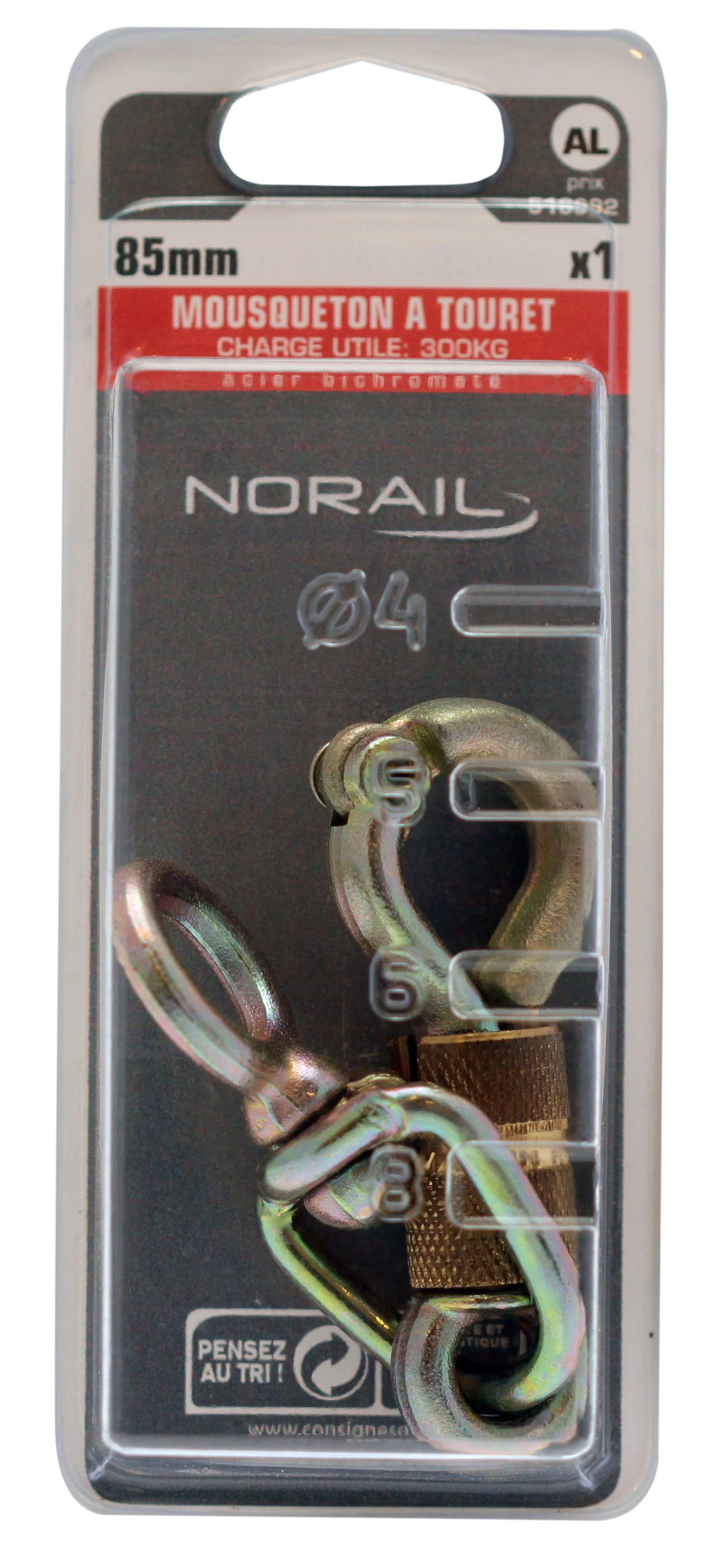 Mousqueton securite a touret L.85mm