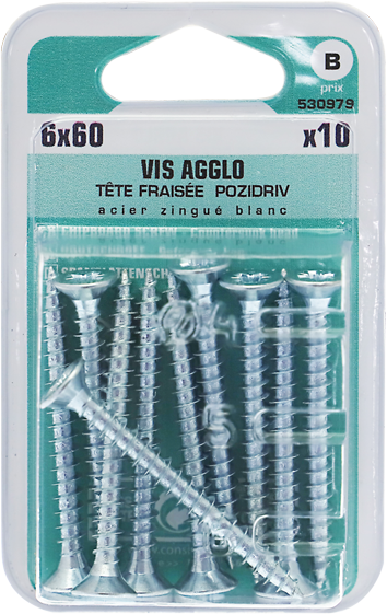 Vis agglo Pozidriv Tête fraisée Acier zingué blanc 6x60 Blister de 10
