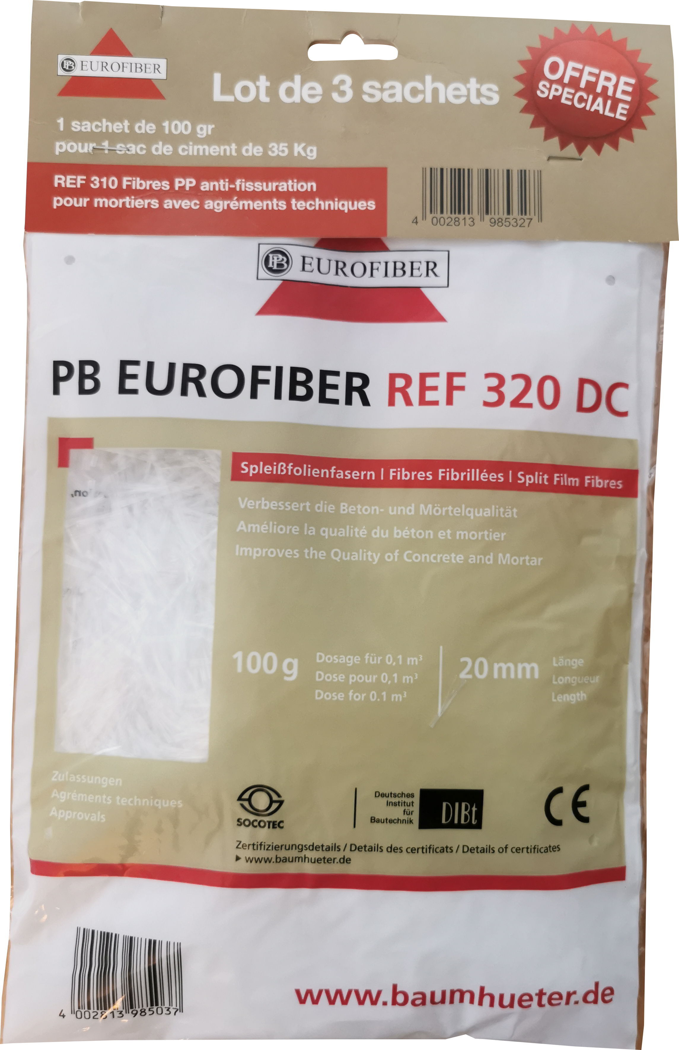 Lot de 3 doses fibres PP 20MM anti-fissuration pour dallages béton