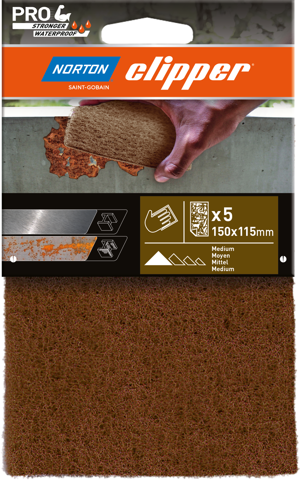 Tampon abrasif réutilisable - Brun grain moyen 150x115mm - Lot de 5 pièces