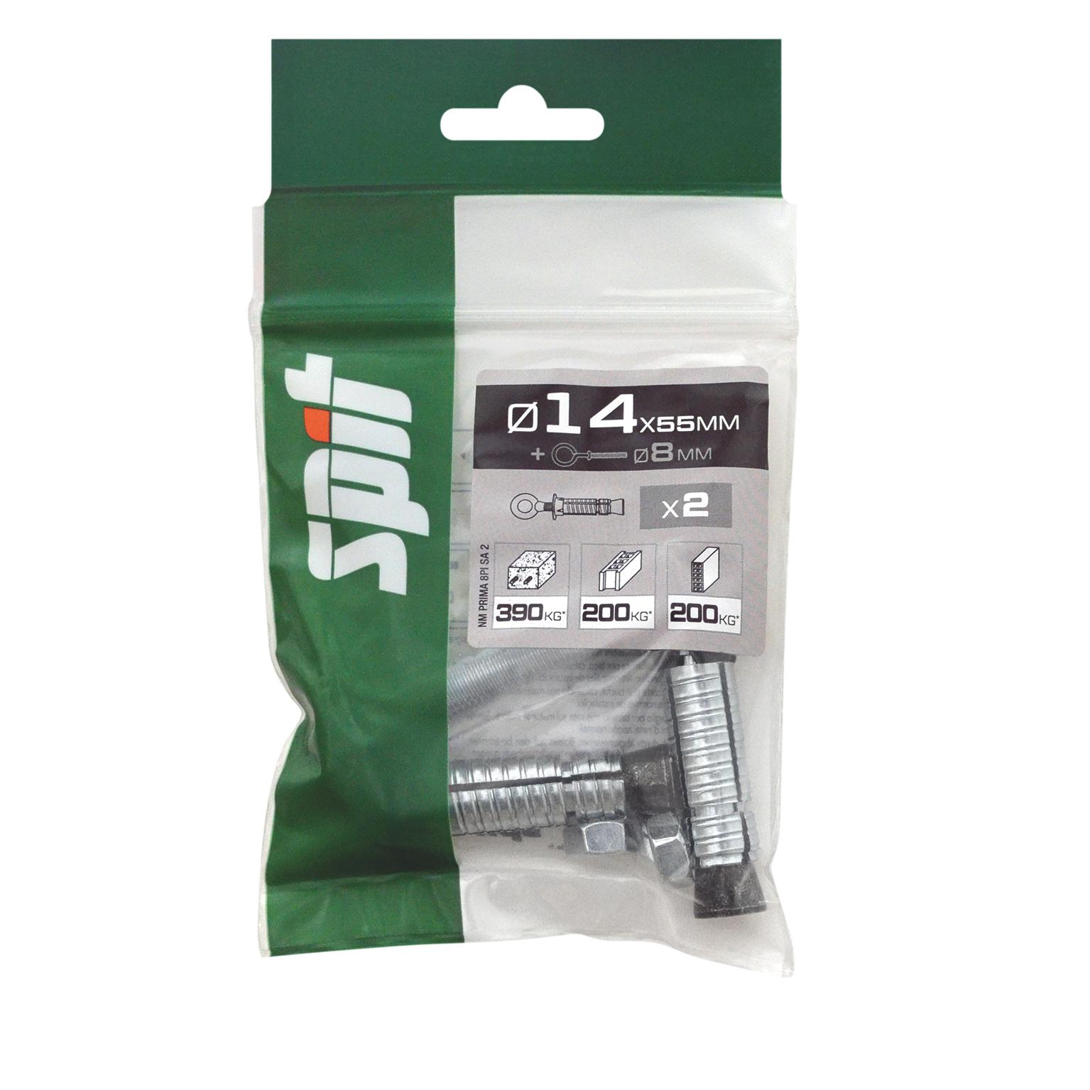 Cheville acier monobloc PRIMA SPIT avec piton Ø8MM  Ø14x55MM - Sachet de 2 pièces