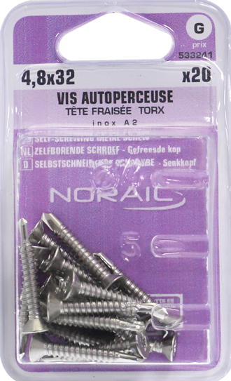 Vis autoperceuse TX Tête fraisée Inox A2 4,8x32 Blister de 20