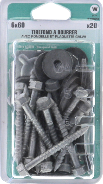 Tirefond à bourrer + rondelle feutre et plaquette Tête héxagonale10 mm à collerette Acier galvanisé à chaud 6x60 Blister de 20