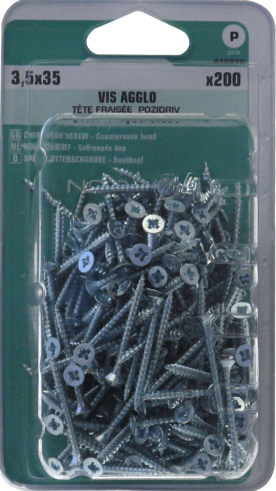 Vis agglo Pozidriv Tête fraisée Acier zingué blanc 3,5x35 Blister de 200