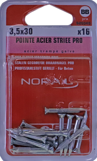 Pointe béton striée Acier trempé / zingué brillant 3,5x30 Blister de 16