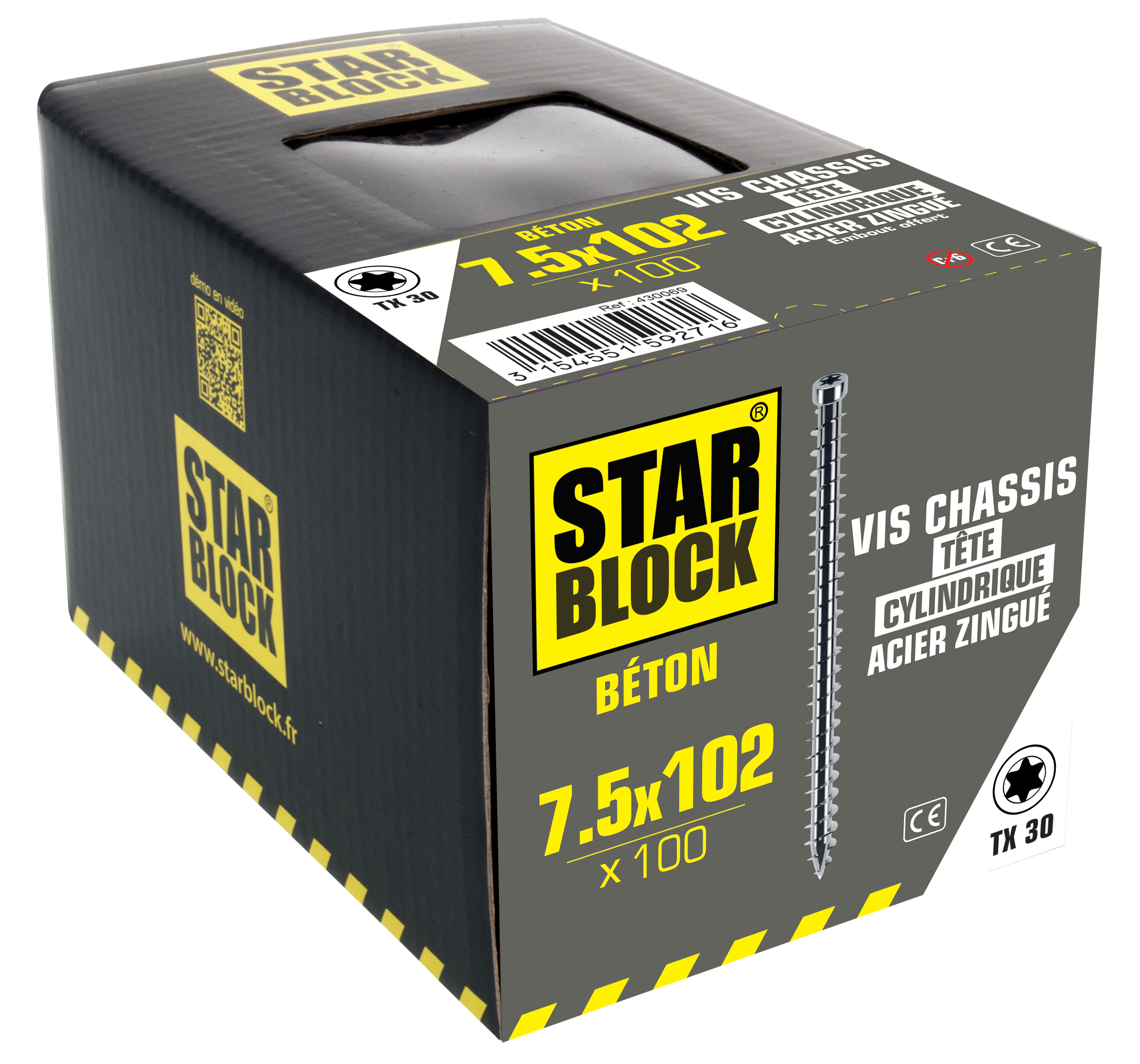 Vis chassis STARBLOCK TX Tête cylindrique Acier zingué blanc 7,5x102 Boite de 100