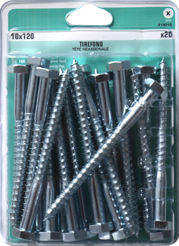 Tirefond Tête héxagonale Acier zingué 10x120 Blister de 20