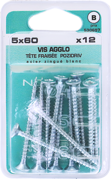 Vis agglo Pozidriv Tête fraisée Acier zingué blanc 5x60 Blister de 12