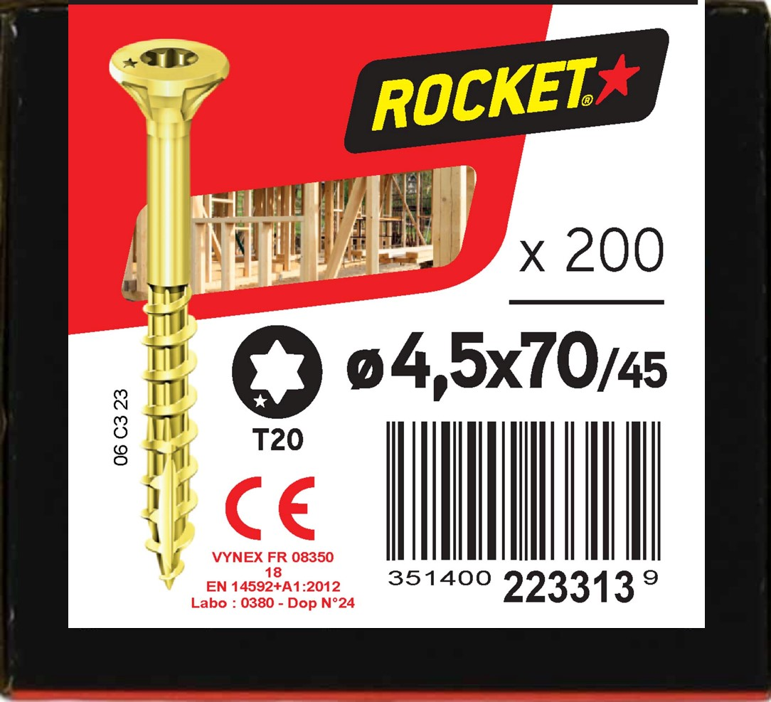 Vis ROCKET TX Tête fraisée Acier bichromaté 4,5x70/45 Boite de 200