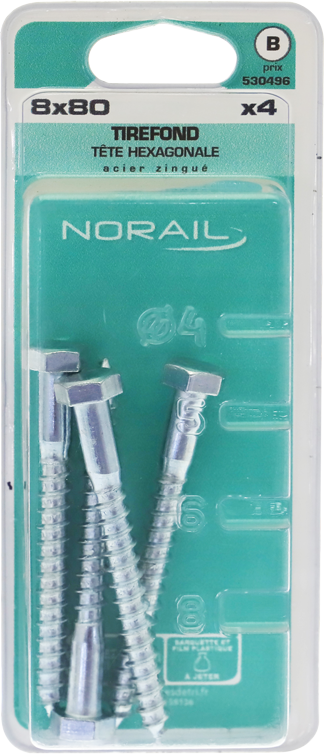 Tirefond Tête héxagonale Acier zingué 8x80 Blister de 4