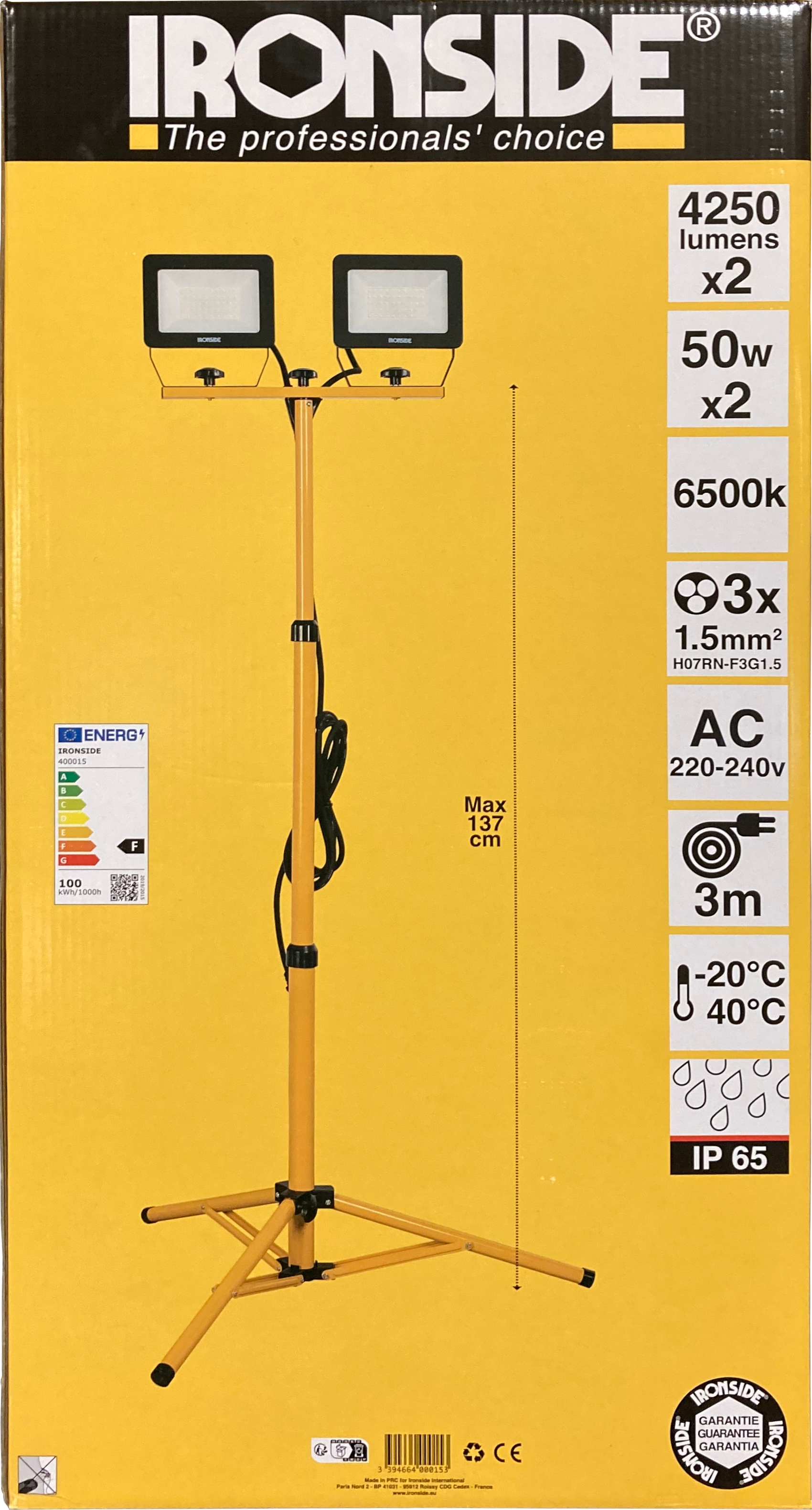 Double projecteur chantier à led sur pied - 2 x 50W - 2 x 2450 Lumens - Ironside