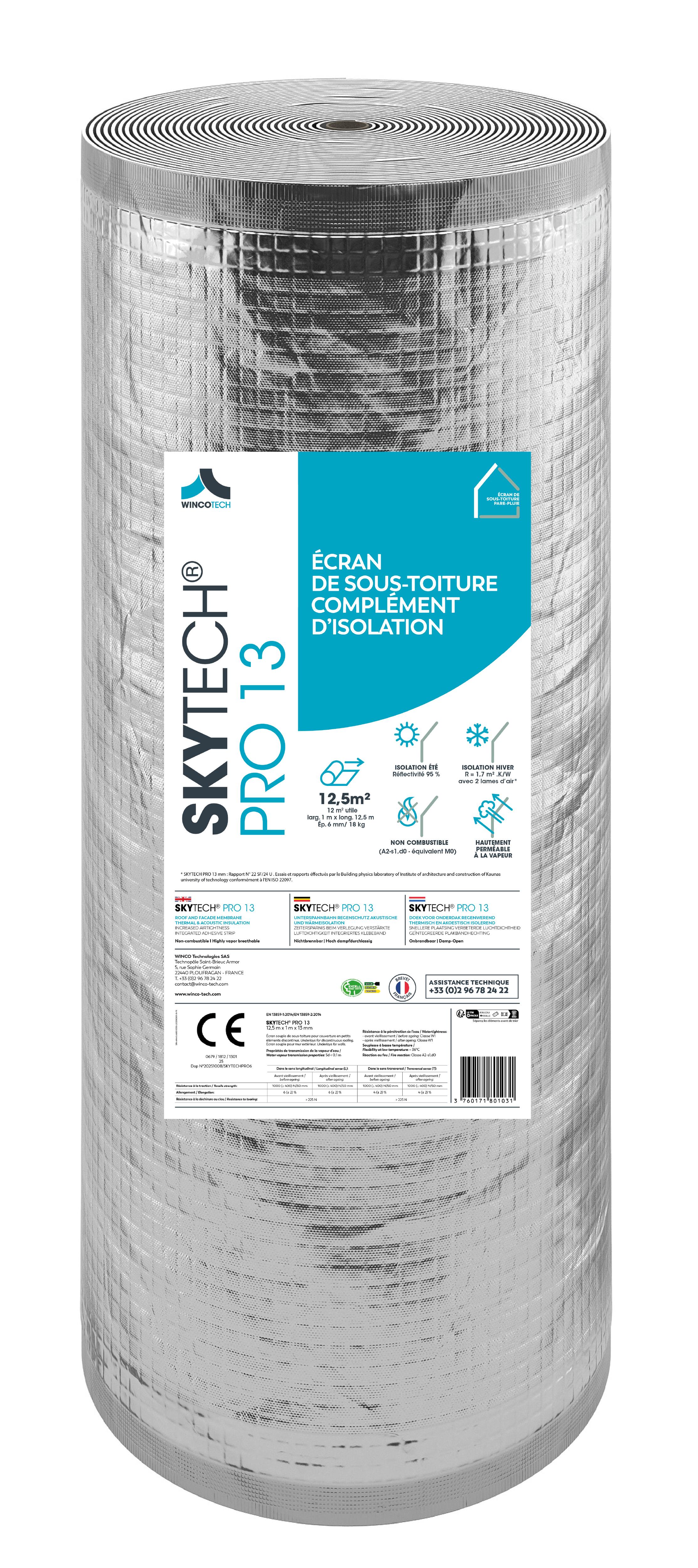 Ecran sous-toiture pare-pluie complément d'isolation Skytech Pro - Ep. 13MM - 12,5M x 1M - 12,5 m²