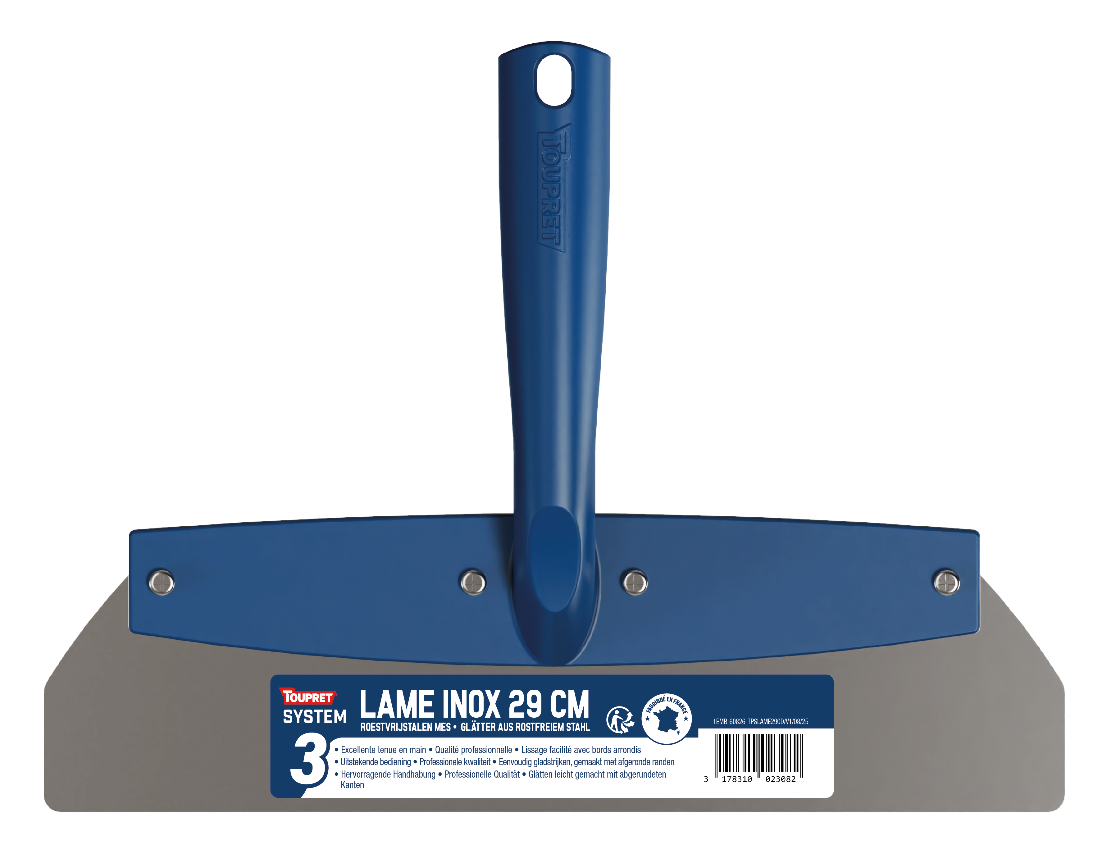 Lame à lisser inox TOUPRET SYSTEM 3 largeur 29 cm avec poignée bleue