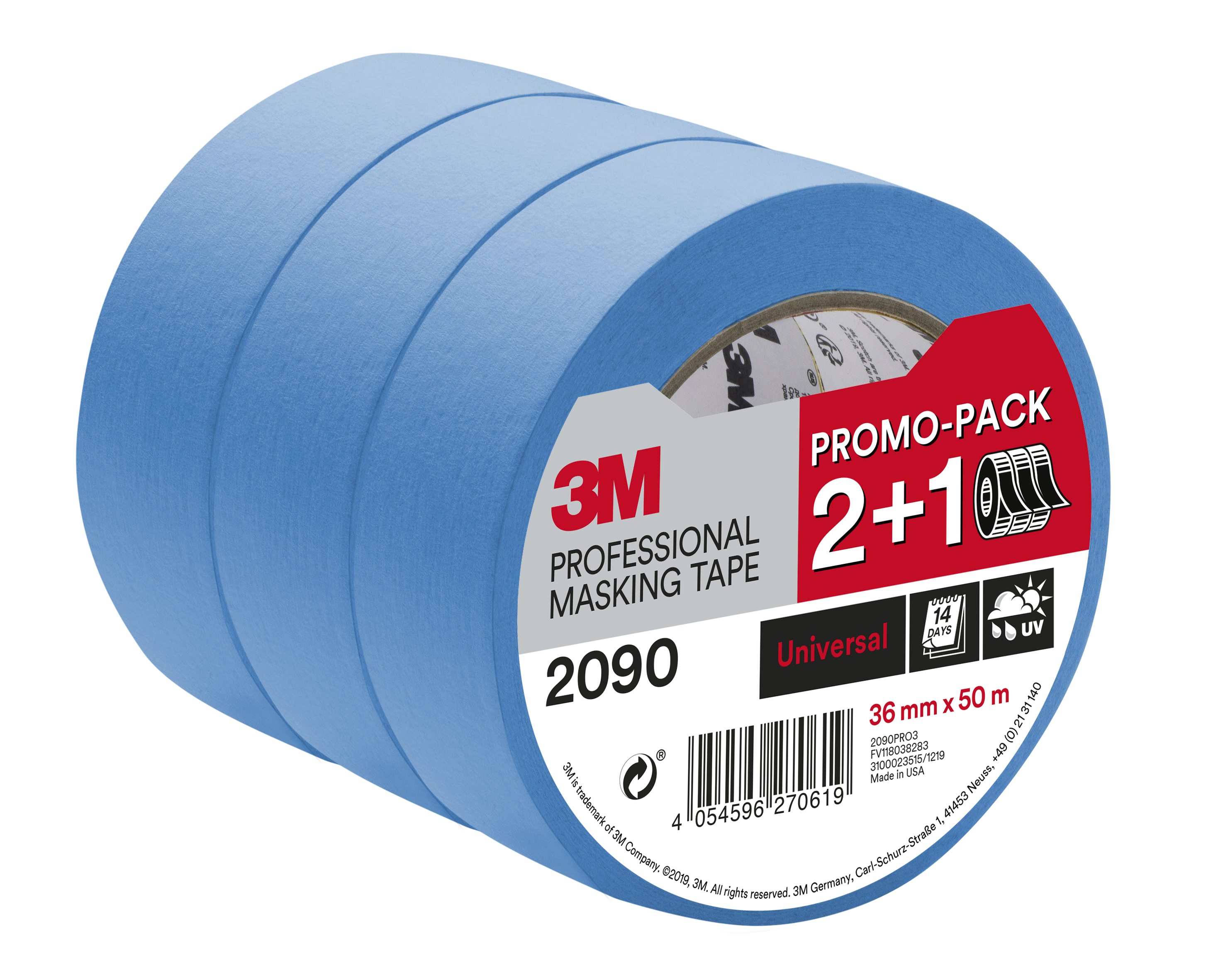 Ruban de masquage Universel 2090 Bleu - 50m x 36mm - Lot de 2 rouleaux + 1 gratuit