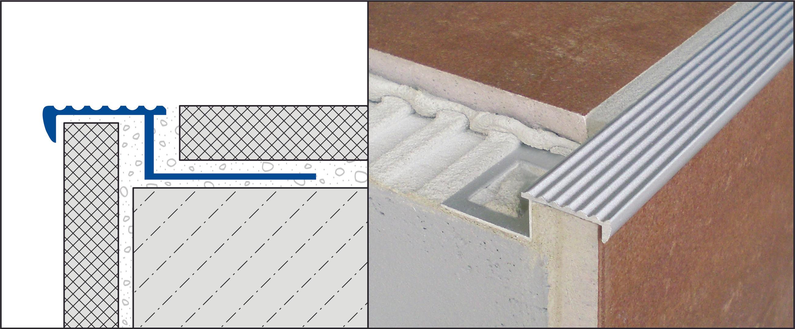 Profilé nez- de- marche plat strié pour carrelage  SOLID - Aluminium anodisé Argent - Longueur 250 cm - Ht 9 mm - N-STEP 90 AE