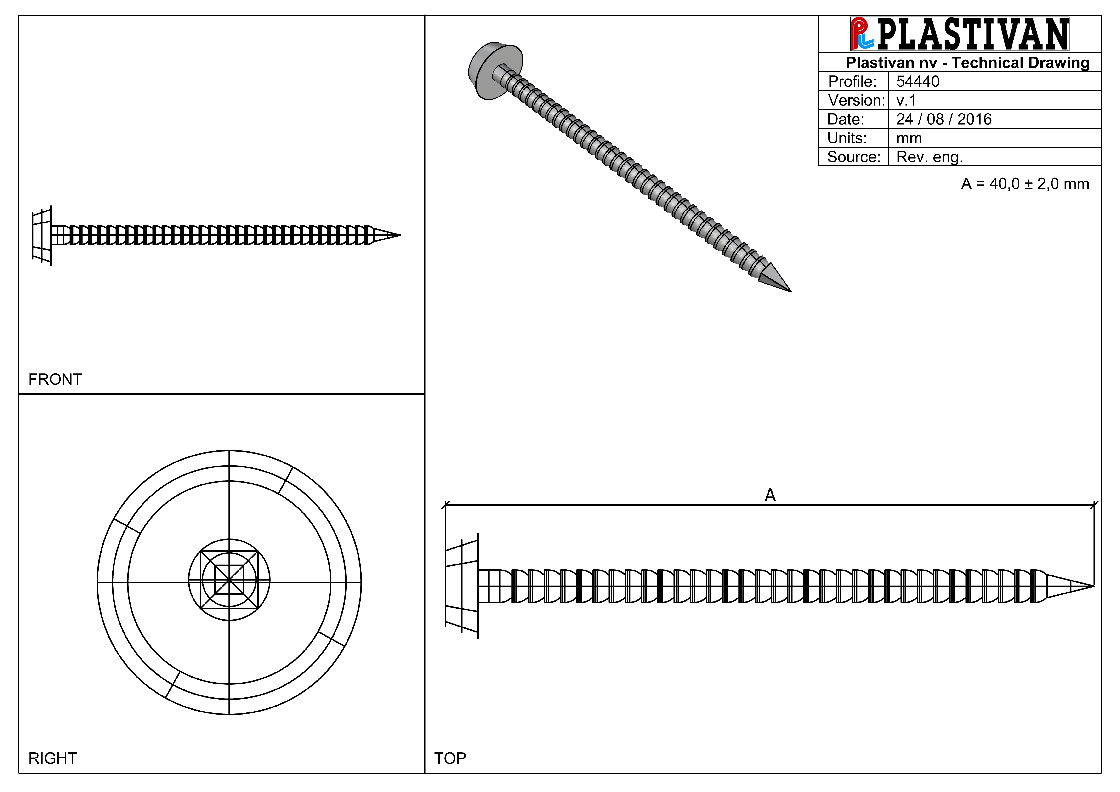 Plan technique du clou inox Plastivan 40 mm à tête plastique avec dimensions de fixation