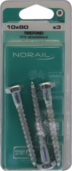 Tirefond Tête héxagonale Acier zingué 10x80 Blister de 3