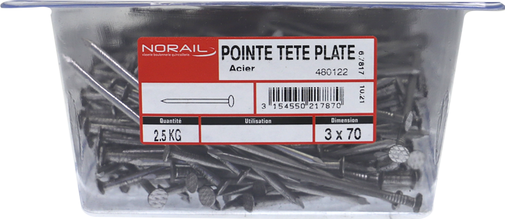Pointe Tête plate Acier 3x70 Barquette de 2,5kg