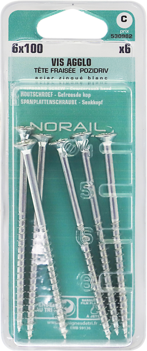 Vis agglo Pozidriv Tête fraisée Acier zingué blanc 6x100 Blister de 6